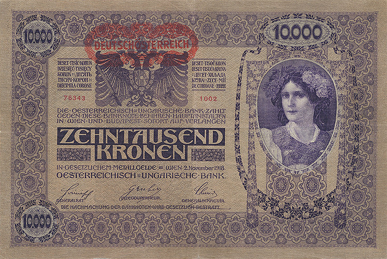 Штемпелеванные 10000 крон 1918 года первый вариант (аверс)