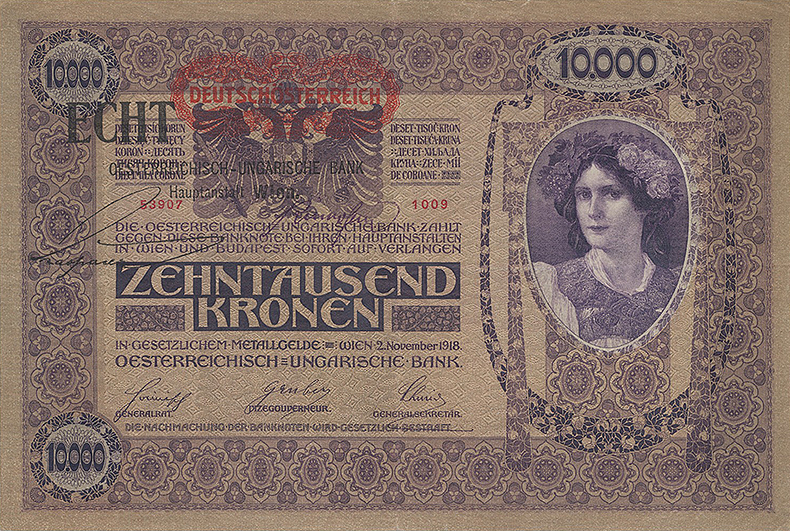 Штемпелеванные 10000 крон 1918 года второй вариант (аверс)