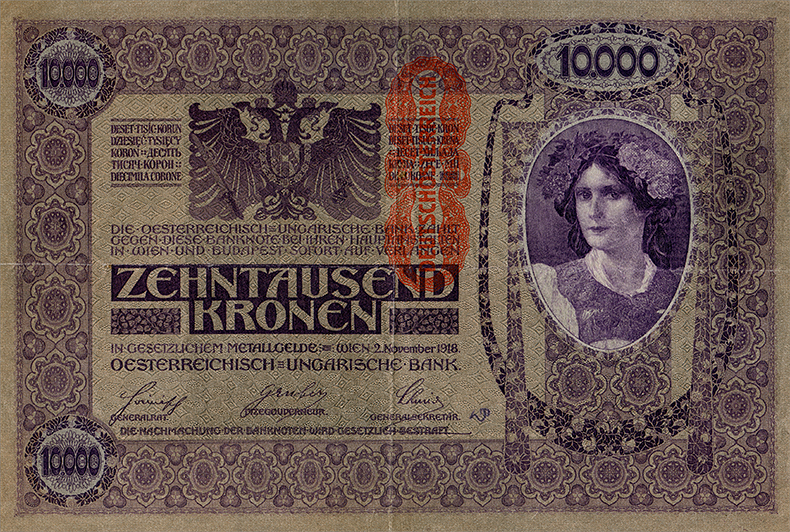 Штемпелеванные 10000 крон 1918 года третий вариант (аверс)