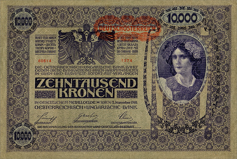 Штемпелеванные 10000 крон 1918 года четвёртый вариант (аверс)