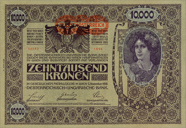 Штемпелеванные 10000 крон 1918 года шестой вариант (аверс)