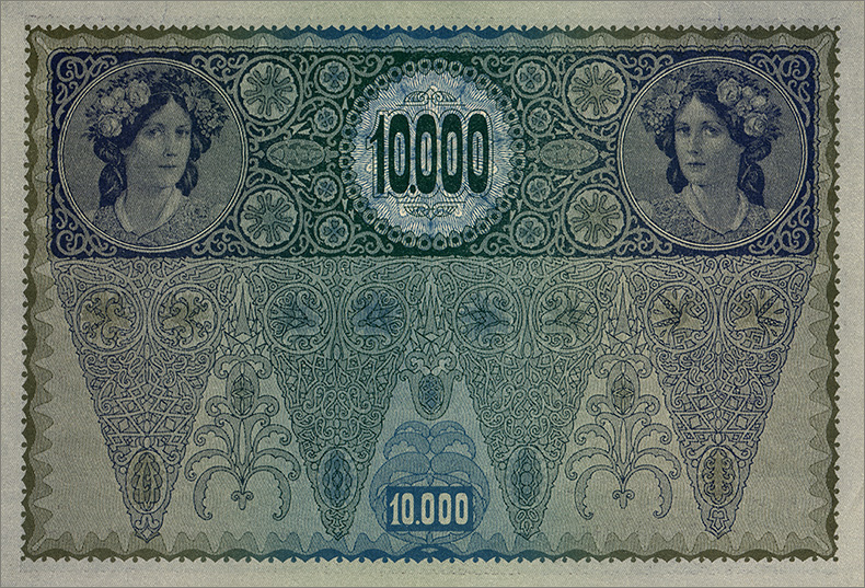 Штемпелеванные 10000 крон 1918 года шестой вариант (реверс)