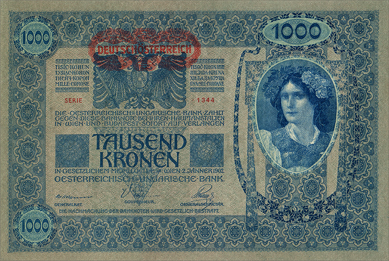 Штемпелеванные 1000 крон 1902 года первый вариант (аверс)