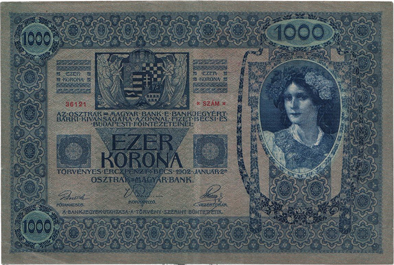 Штемпелеванные 1000 крон 1902 года третий вариант реверс)