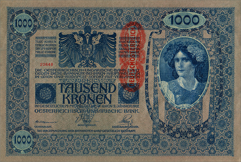 Штемпелеванные 1000 крон 1902 года пятый вариант (аверс)