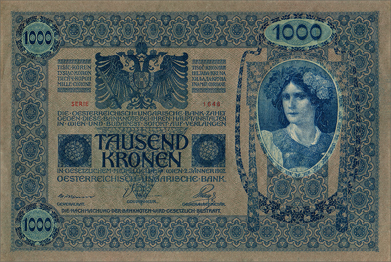 Штемпелеванные 1000 крон 1902 года пятый вариант (реверс)