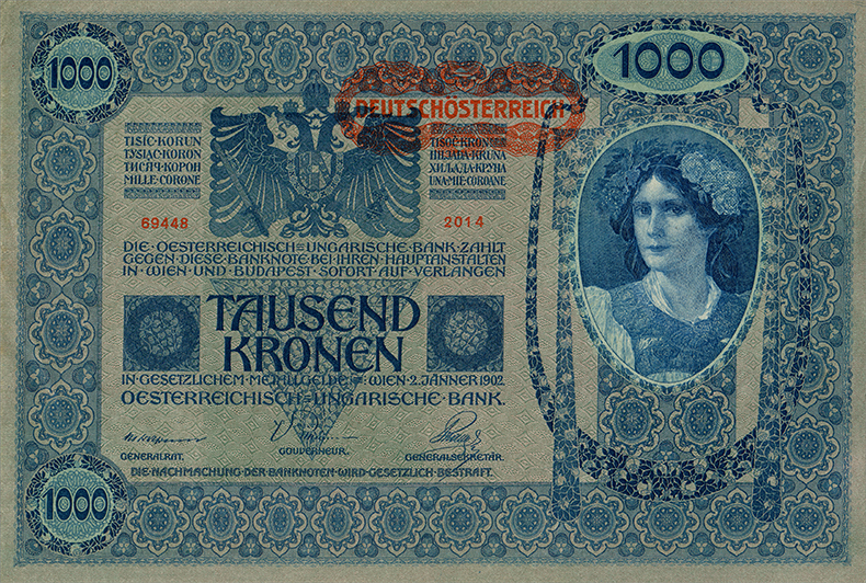 Штемпелеванные 1000 крон 1902 года шестой вариант (аверс)