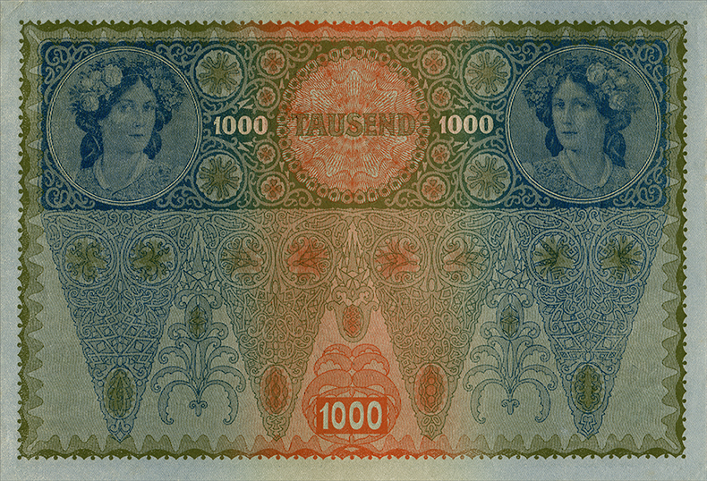 Штемпелеванные 1000 крон 1902 года седьмой вариант (реверс)