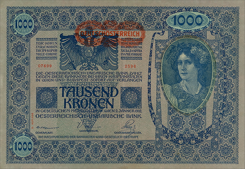 Штемпелеванные 1000 крон 1902 года восьмой вариант (аверс)