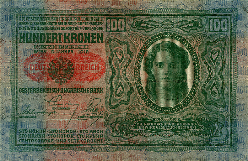 Штемпелеванные 100 крон 1912 года первый вариант (аверс)