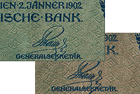 Зеленоватый и розовый варианты фона банкноты 1000 крон 1920 года с вертикальным штемпелем DÖ