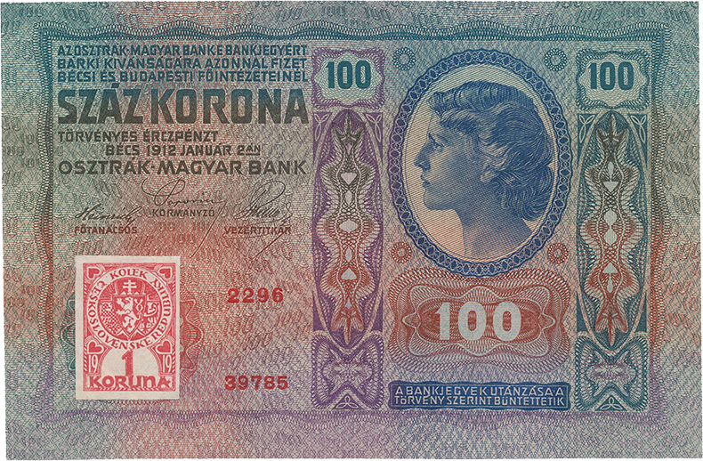 100 крон 1912 года с маркой первый вариант (реверс)