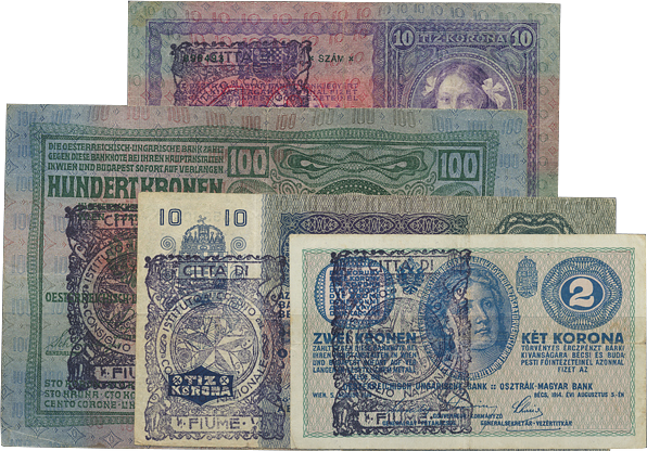 Примеры банкнот с прямоугольным штемпелем с текстом «CITTA DI FIUME. INSTITUTO CREDITO del CONSIGLIO NAZIONALE» и звездой в центре (IV-й тип)