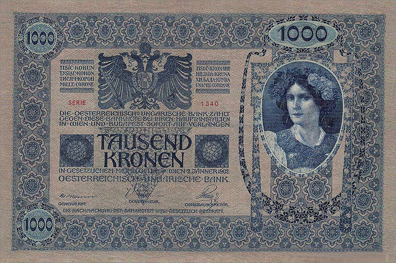Штемпелеванные 1000 крон 1902 года первый вариант (реверс)