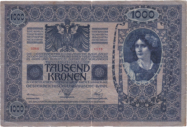 Штемпелеванные 1000 крон 1902 года второй вариант (реверс)
