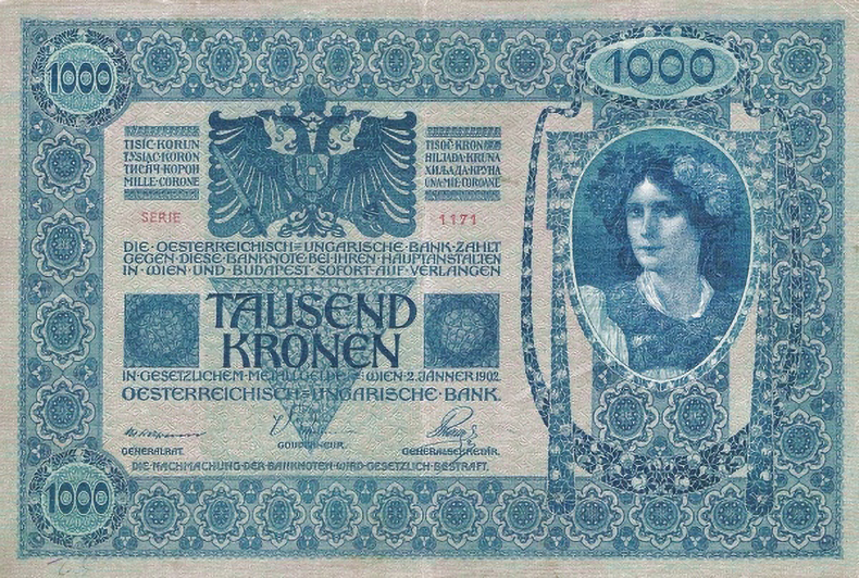 Штемпелеванные 1000 крон 1902 года третий вариант (реверс)