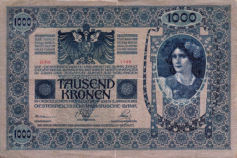 Штемпелеванные 1000 крон 1902 года четвёртый вариант (реверс)