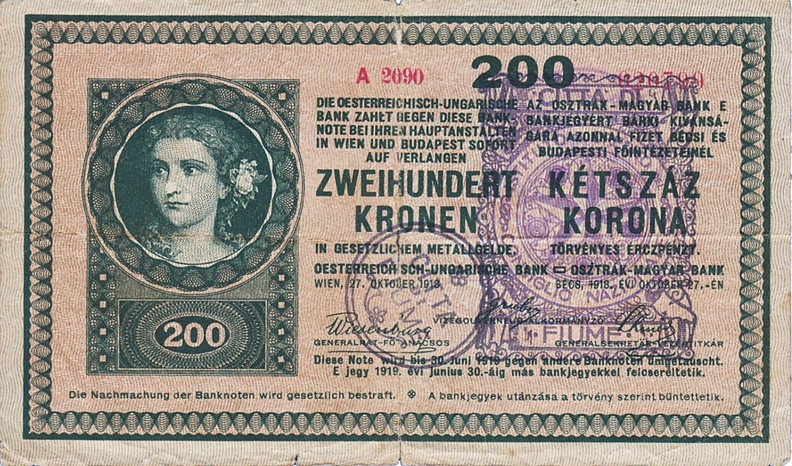 Штемпелеванные 200 крон 1918 года (аверс)