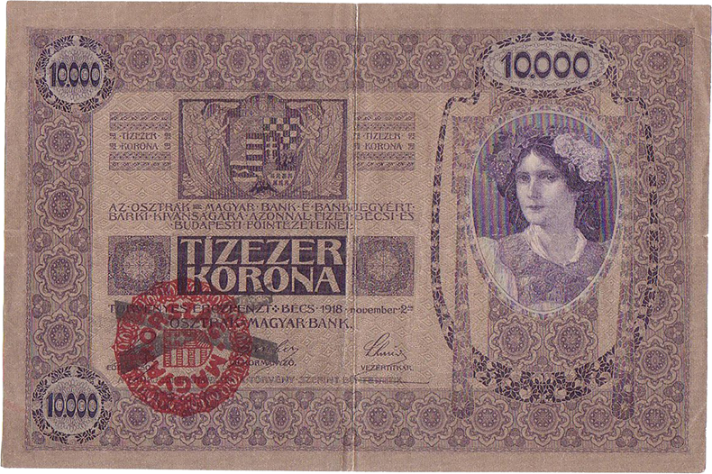 Штемпелеванные 10000 крон 1918 года второй вариант (аверс)