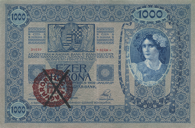 Штемпелеванные 1000 крон 1902 года третий вариант (аверс)