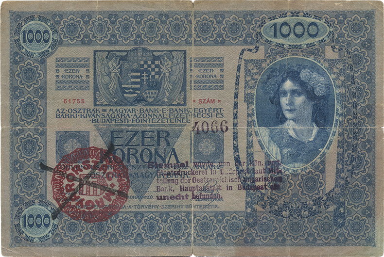 Штемпелеванные 1000 крон 1902 года четвёртый вариант (аверс)