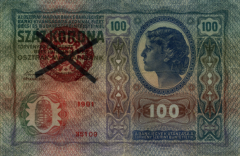 Штемпелеванные 100 крон 1912 года второй вариант (реверс)