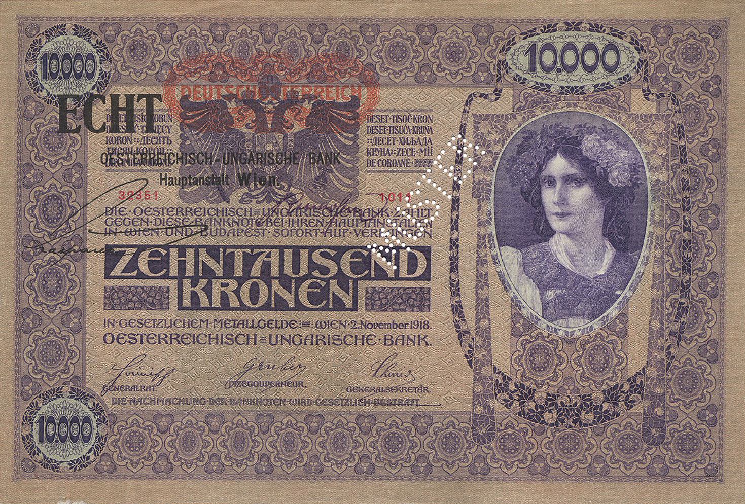 Образец 10000 крон 1920 года (аверс)