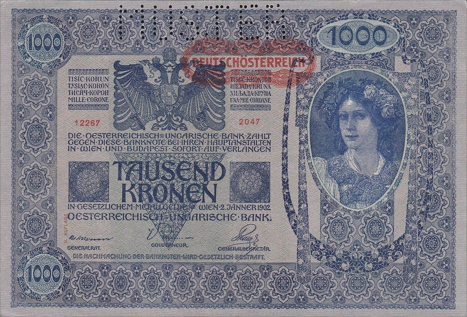 Образец 1000 крон 1920 года (аверс)
