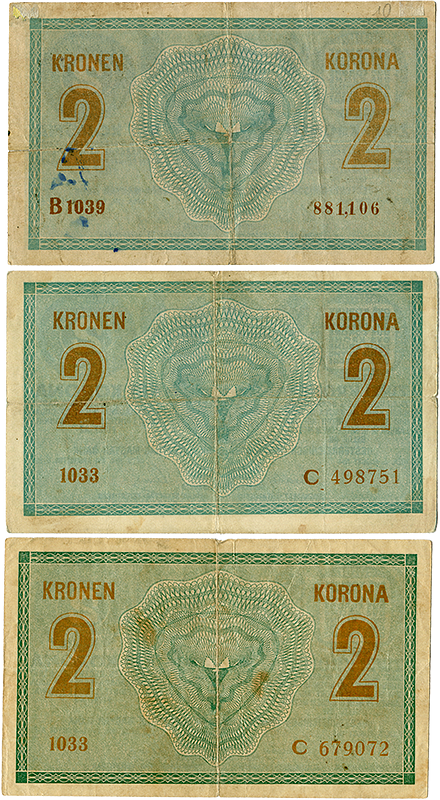 Голубой и зелёный фон банкнот 2 кроны 1914 года серии С