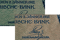 Зелёный и розовый варианты фона банкноты 1000 крон 1920 года с вертикальным штемпелем DÖ
