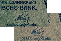 Зелёный и розовый варианты фона штемпелеванной банкноты 1000 крон 1902 года