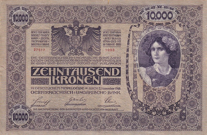 Штемпелеванные 10000 крон 1918 года (аверс)