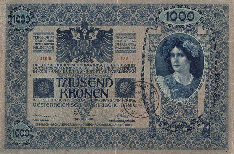Штемпелеванные 1000 крон 1902 года первый вариант (аверс)