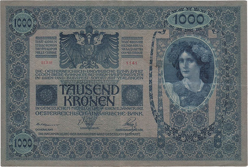 Штемпелеванные 1000 крон 1902 года второй вариант (аверс)