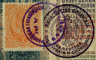 Марка на штемпелеванной банкноте 10 крон